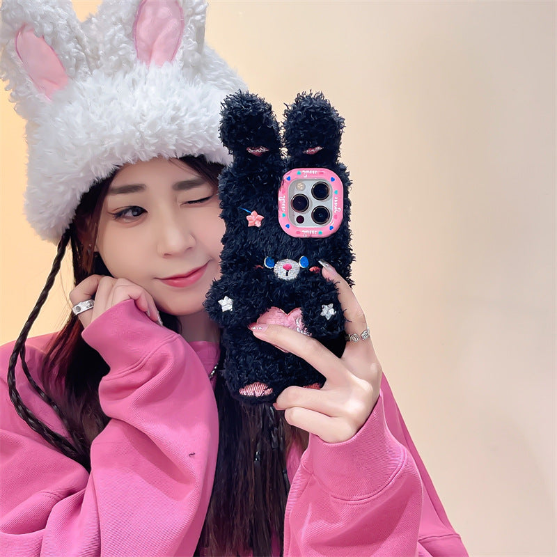 Black Heart Bunny Fluffy Case