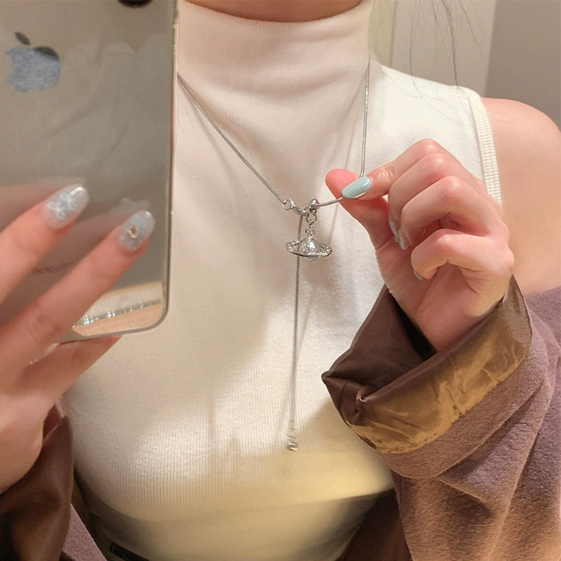 Silver Saturn Planet Lariat Necklace