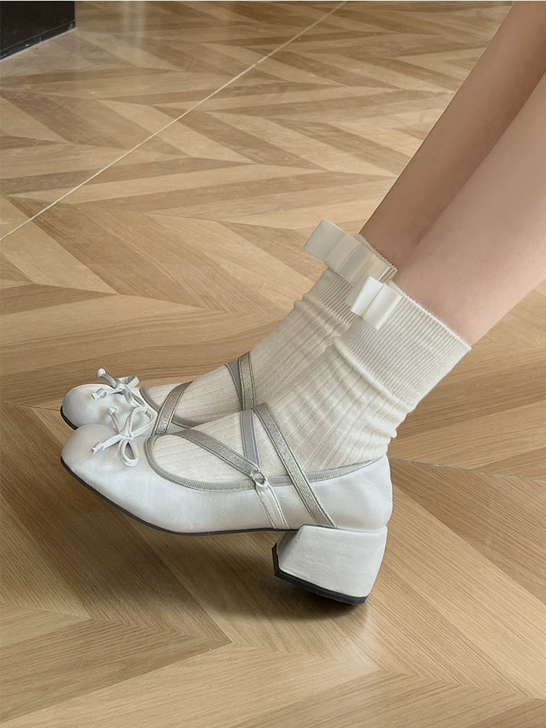 Ribbon Double Strap Mid Heel Flat Shoe