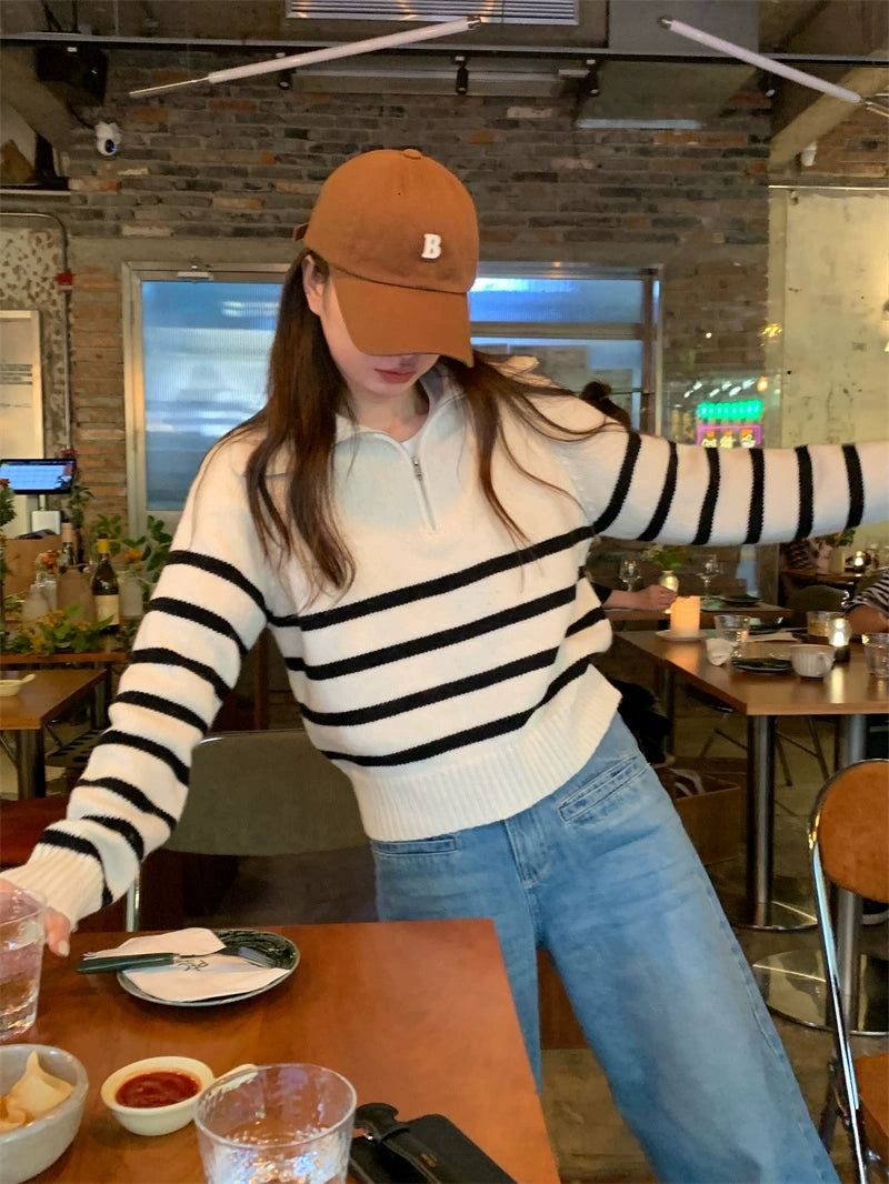 Stripe Zipped-Up Turtleneck Sweater