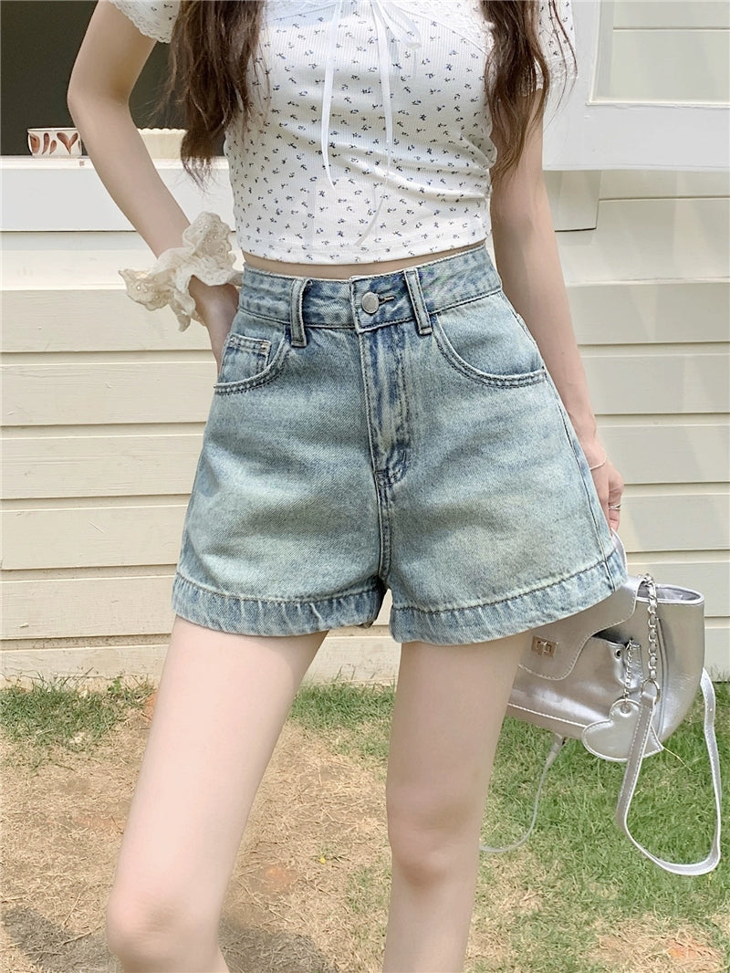 High-Waisted Casual Denim Shorts