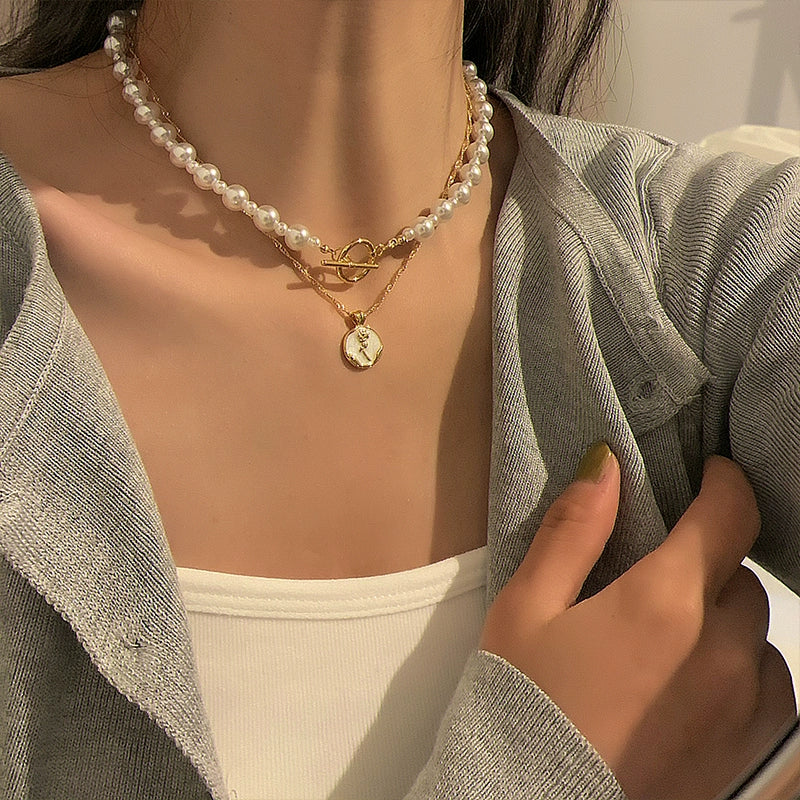 Pearl Chain Toggle Coin Necklace