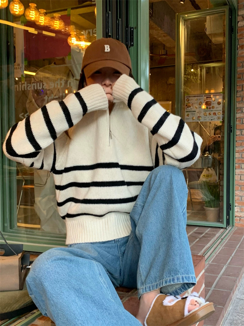 Stripe Zipped-Up Turtleneck Sweater