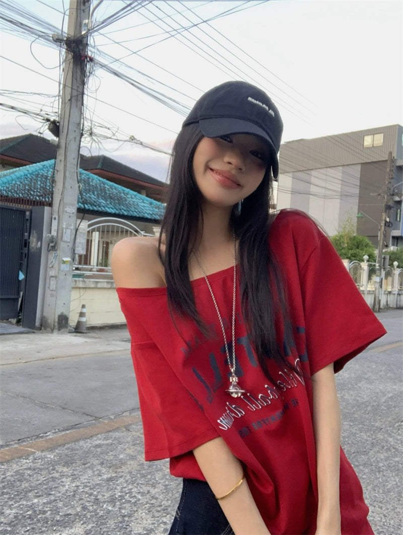 Off Shoulder Oversized Red Tee