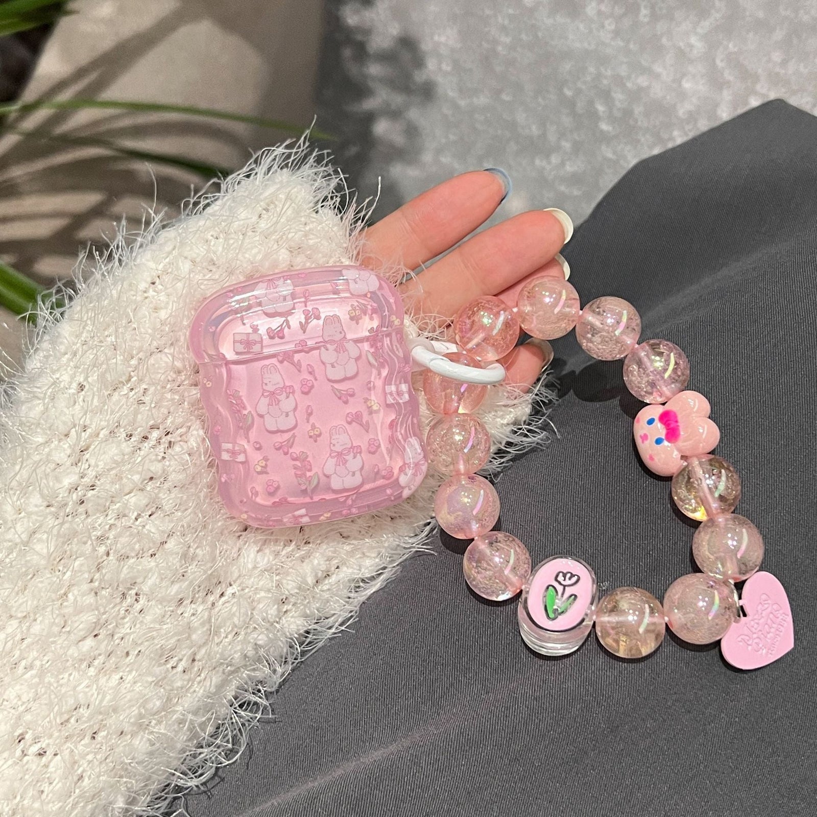 Pink Crystal Pearl Chain Airpods Case