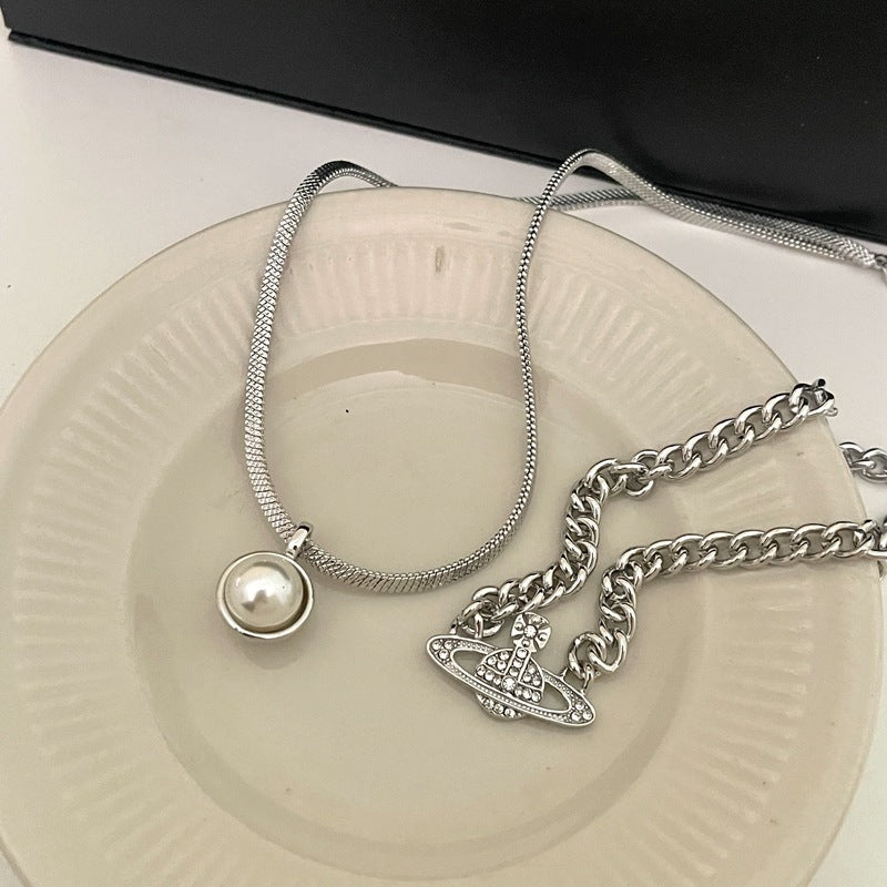 Rhinestone Planet with Pearl Layer Necklace