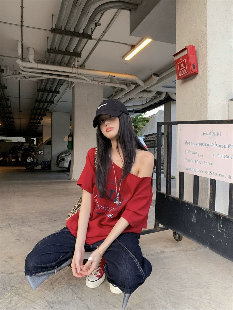 Off Shoulder Oversized Red Tee