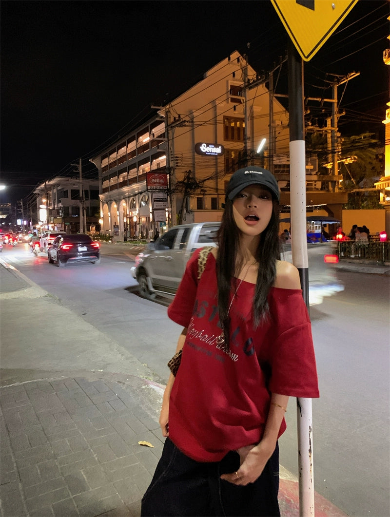 Off Shoulder Oversized Red Tee