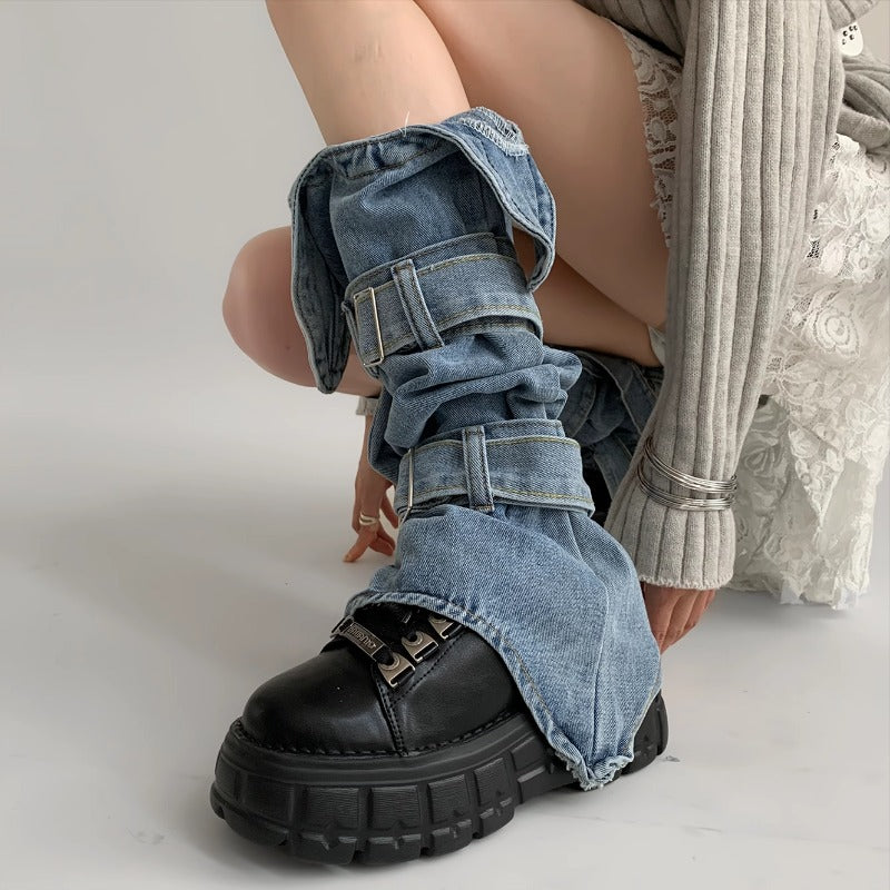Denim Buckle Strap Leg Warmers