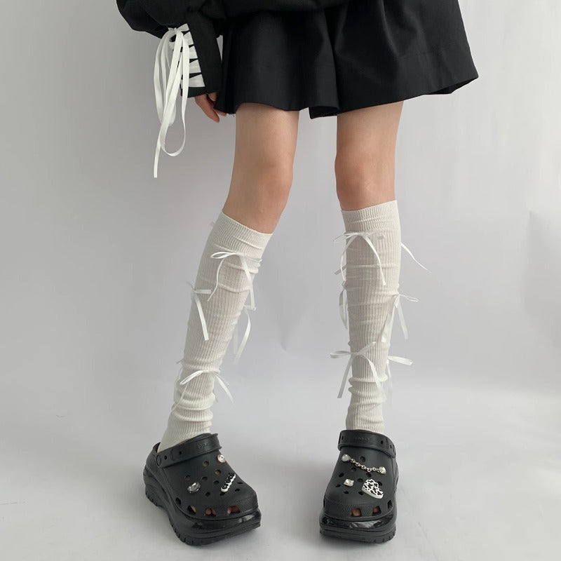 Chic Ribbed Tie-Up Calf Socks