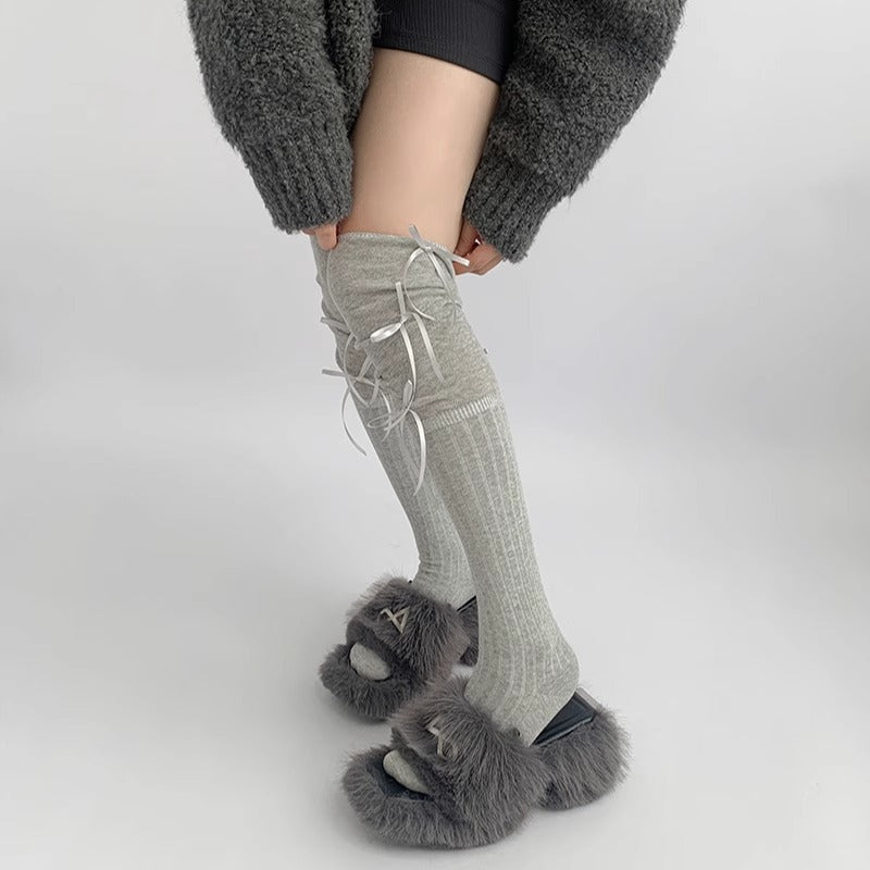 Stylish Gray Over-Knee Ribbon Socks
