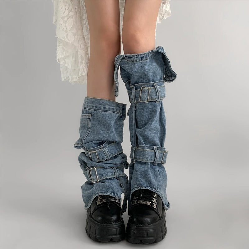 Denim Buckle Strap Leg Warmers