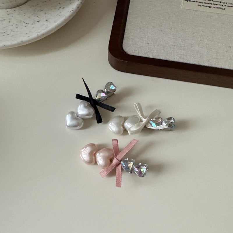 Pearl Heart Bow Clips