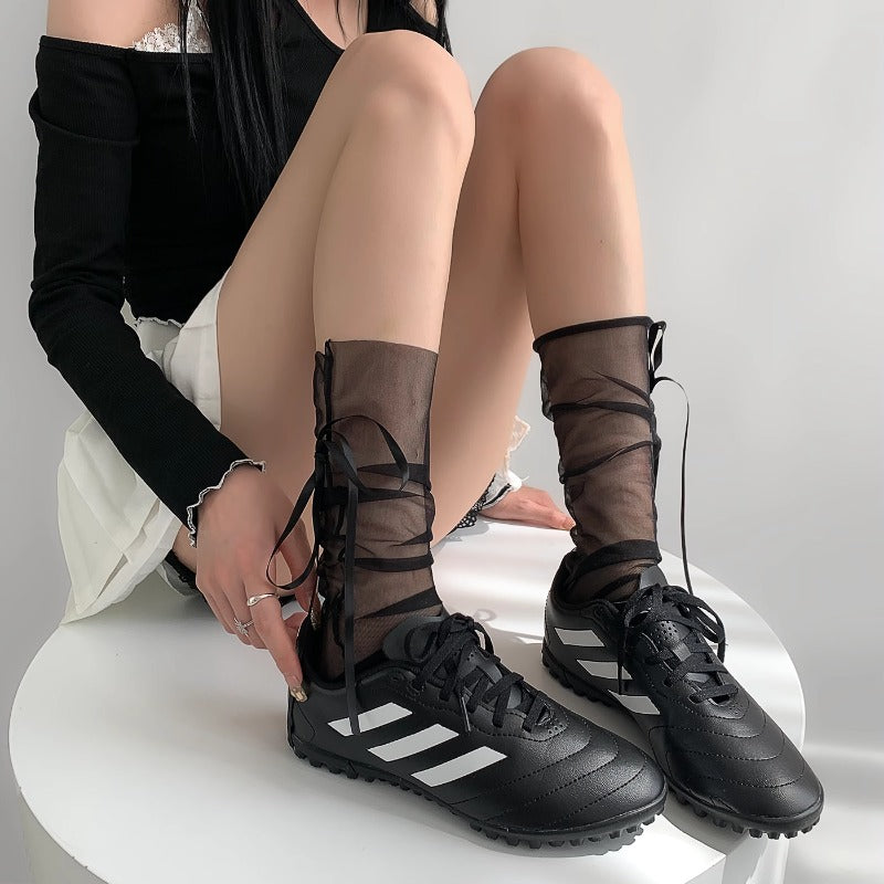 Gothic Lace-Up Sheer Mesh Ankle Socks