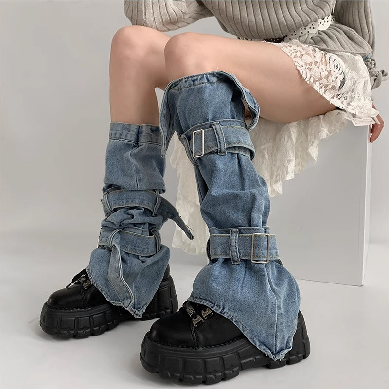 Denim Buckle Strap Leg Warmers
