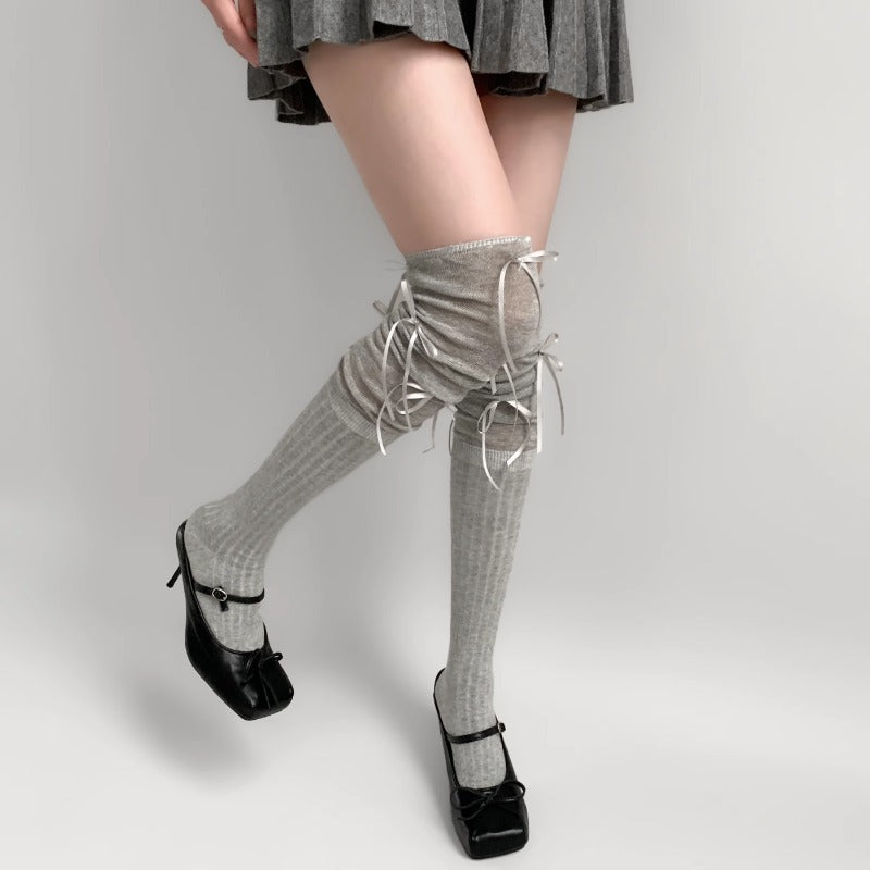Stylish Gray Over-Knee Ribbon Socks