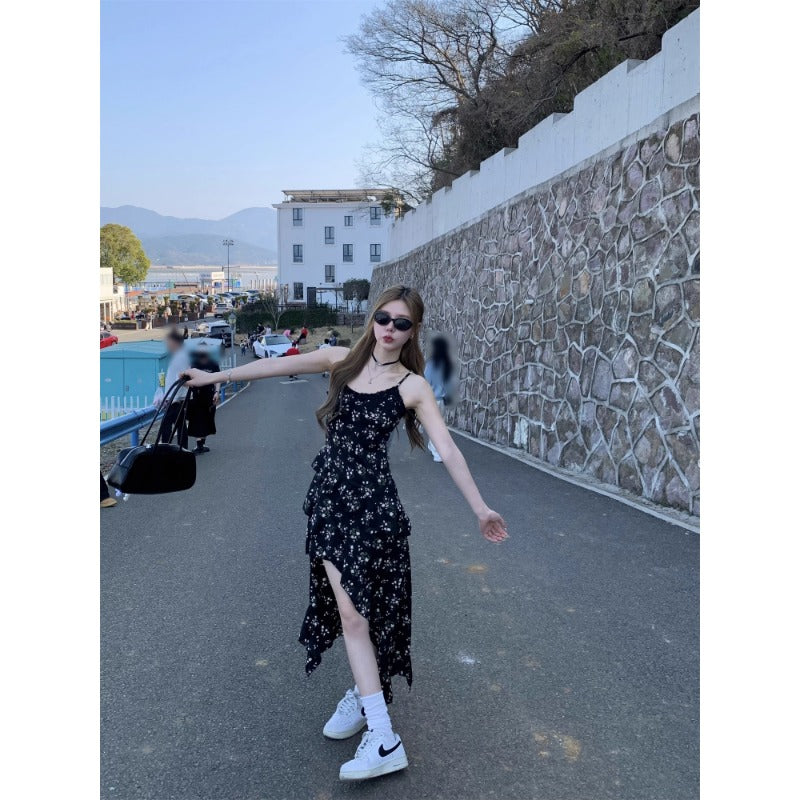 Asymmetric Floral Slip Dress