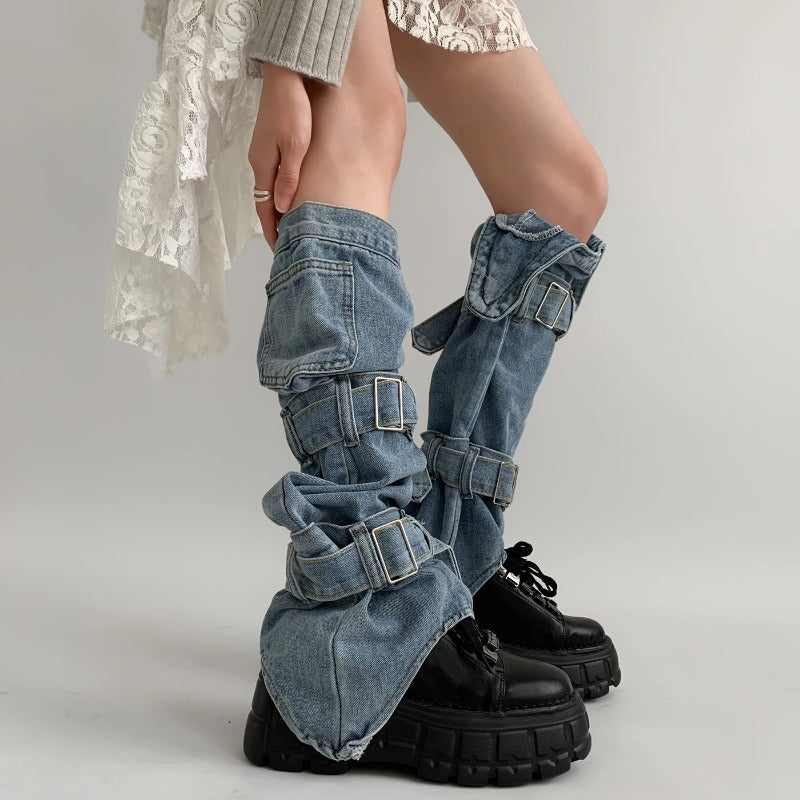 Denim Buckle Strap Leg Warmers