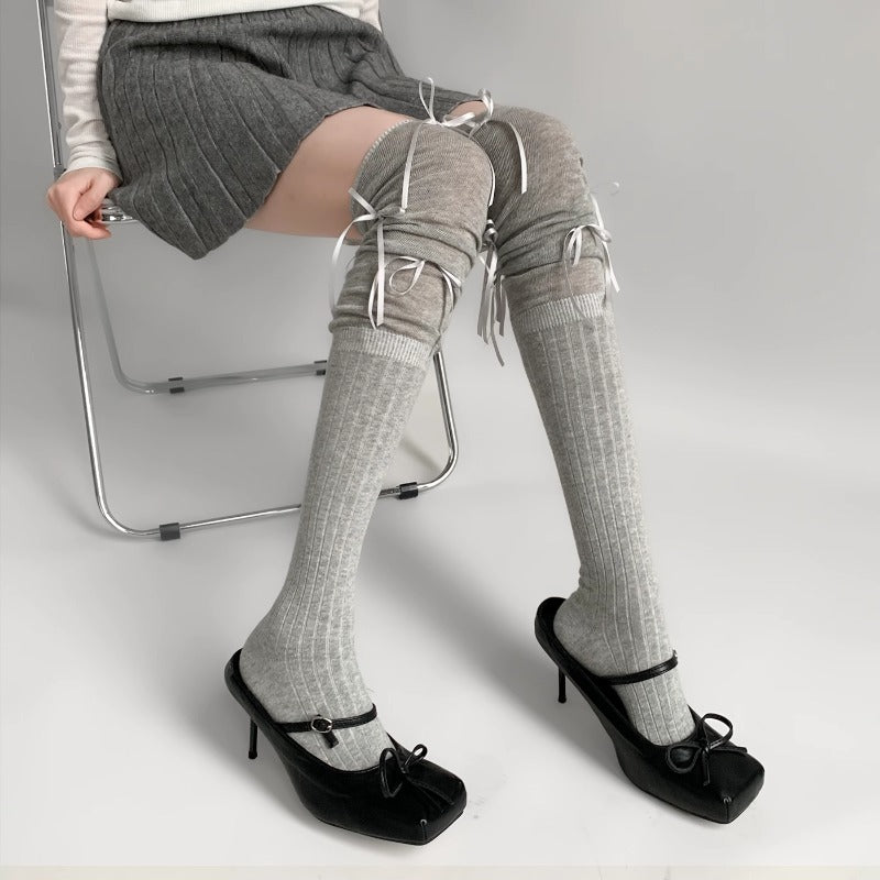 Stylish Gray Over-Knee Ribbon Socks