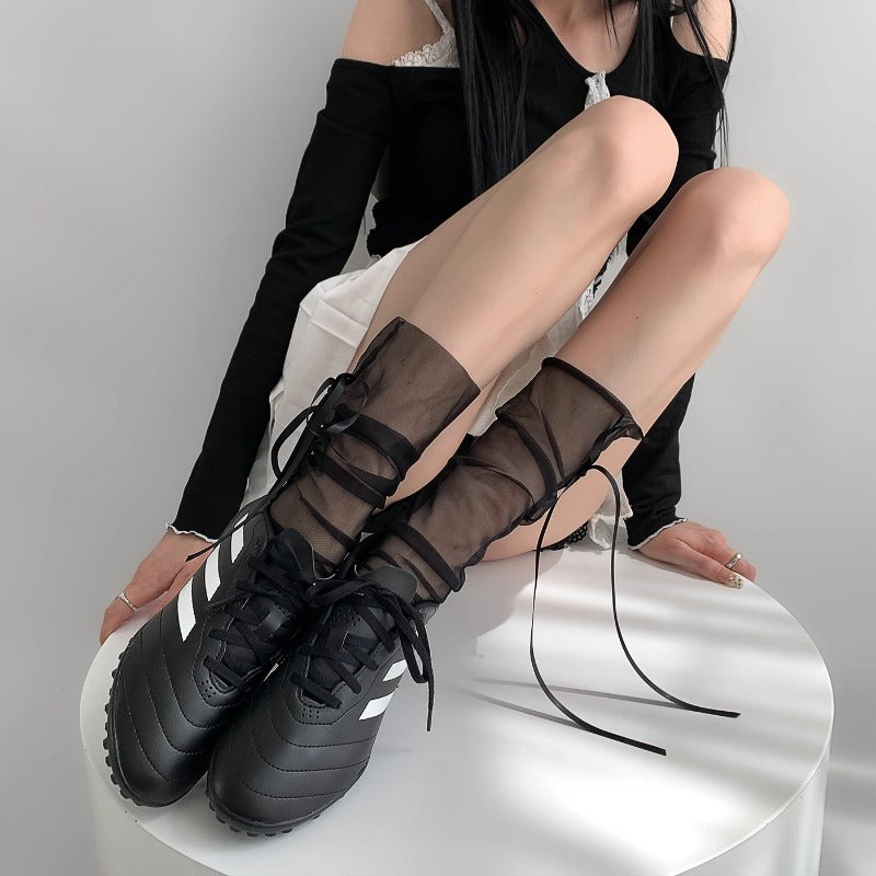 Gothic Lace-Up Sheer Mesh Ankle Socks