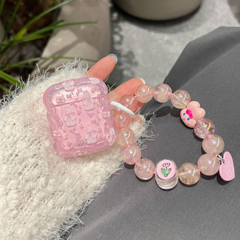 Pink Crystal Pearl Chain Airpods Case