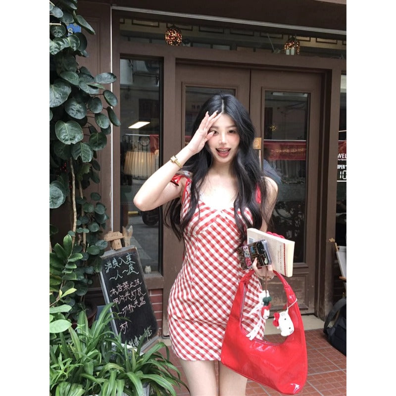 Red Gingham Tie-Strap Dress