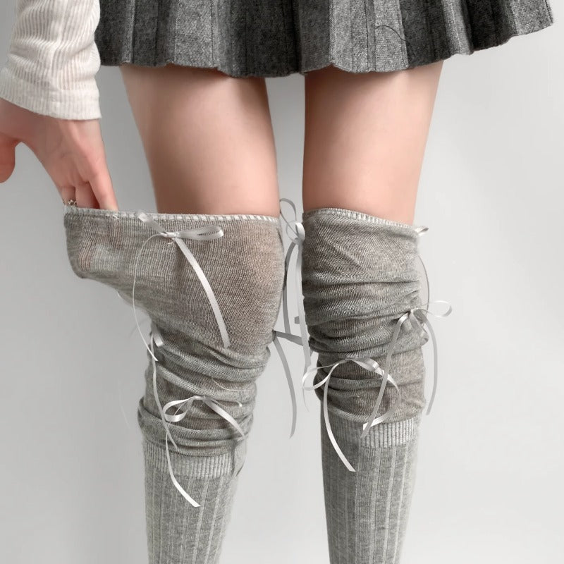 Stylish Gray Over-Knee Ribbon Socks