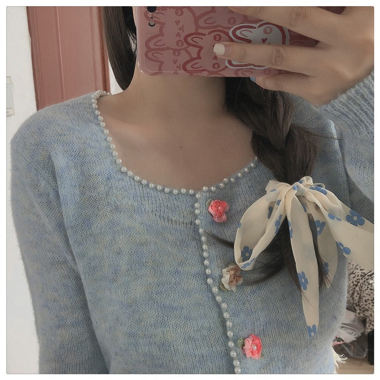 Blue Flower ribbon scrunchie