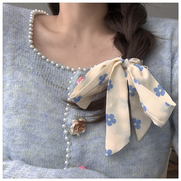 Blue Flower ribbon scrunchie