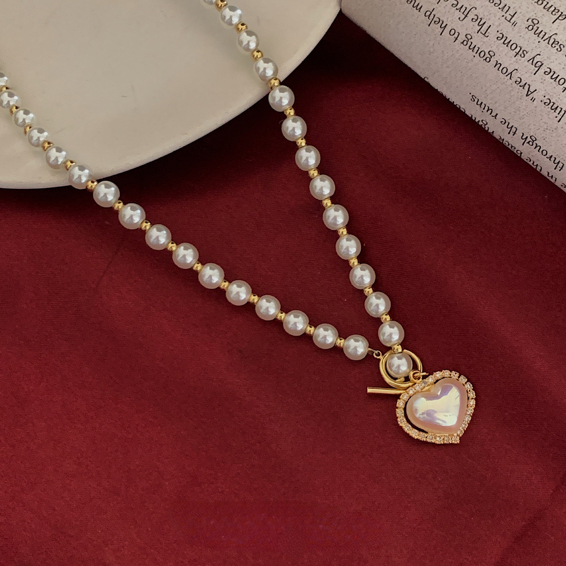 Gold Pearl Heart OT Necklace