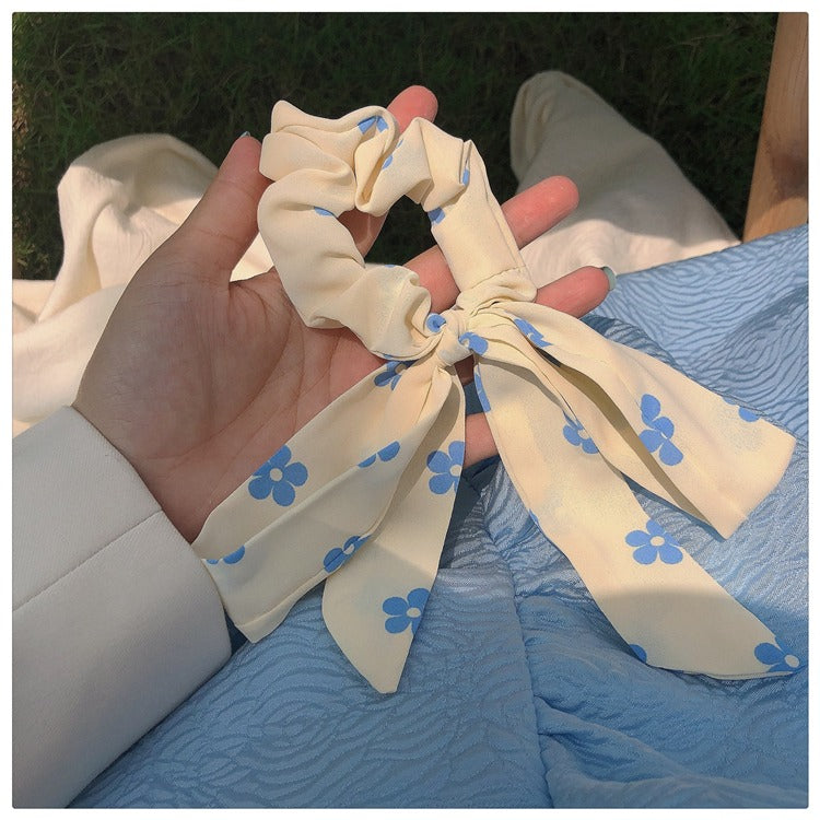 Blue Flower ribbon scrunchie