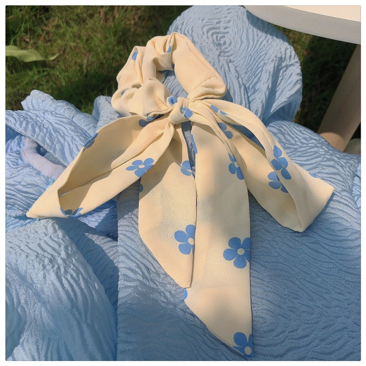 Blue Flower ribbon scrunchie