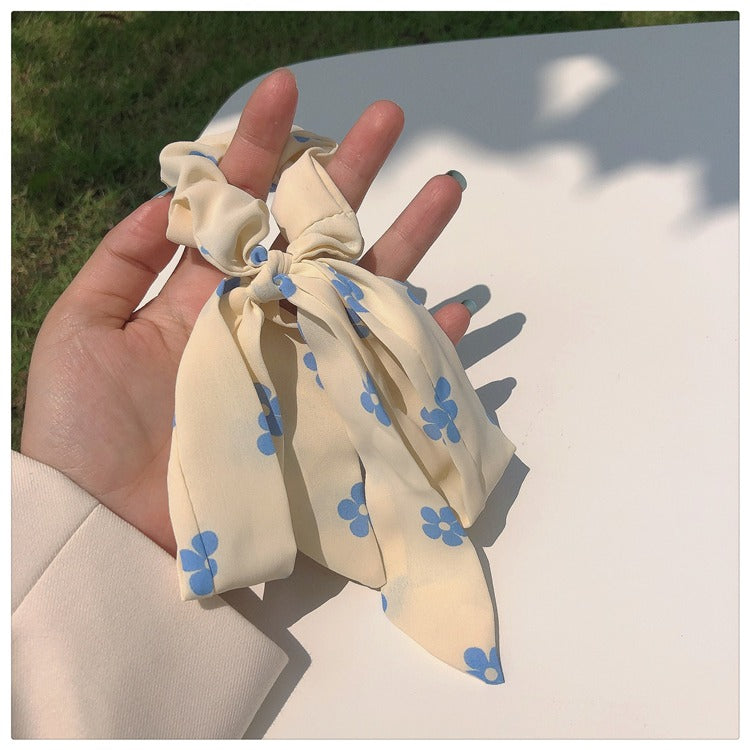 Blue Flower ribbon scrunchie