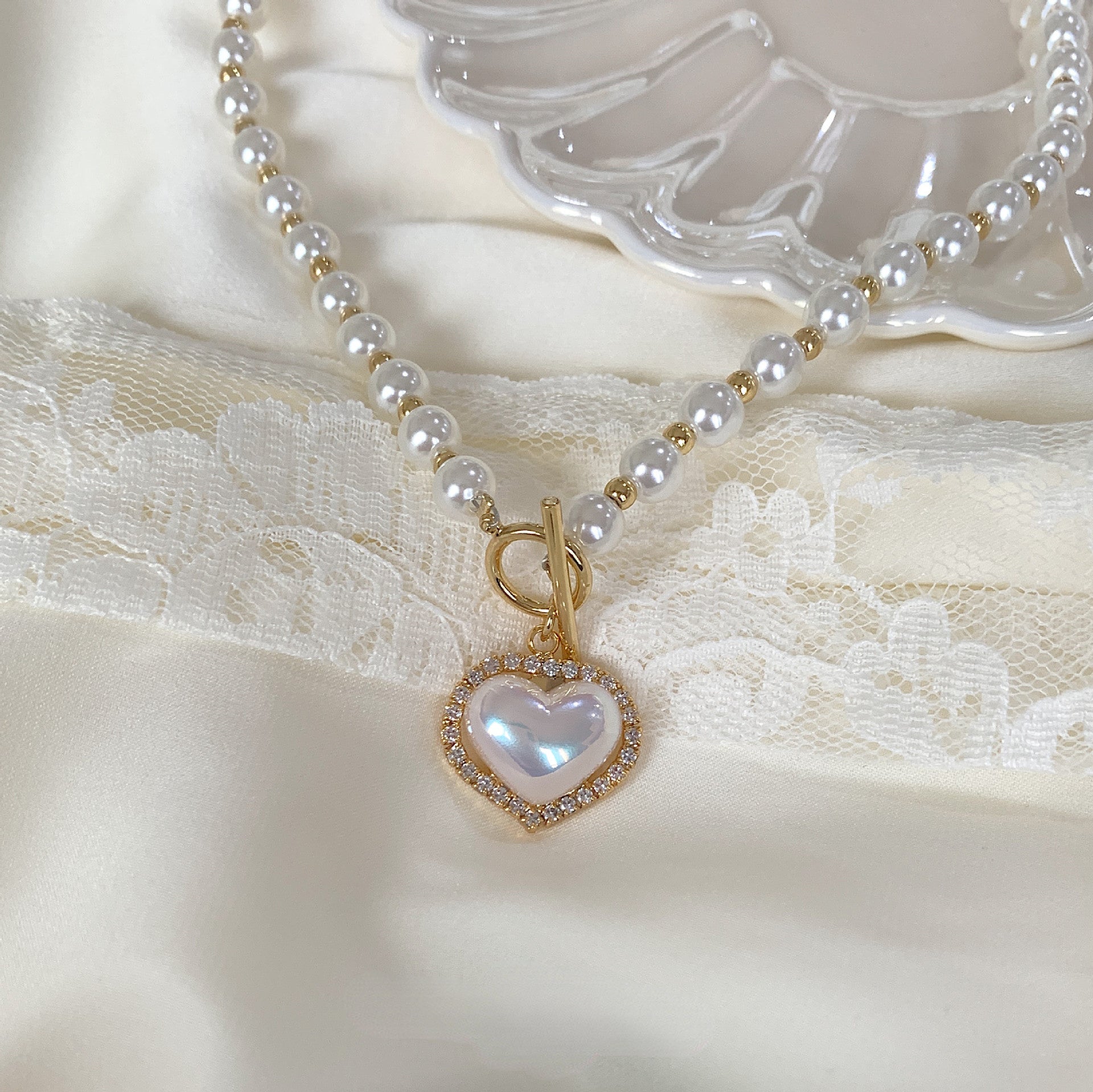 Gold Pearl Heart OT Necklace