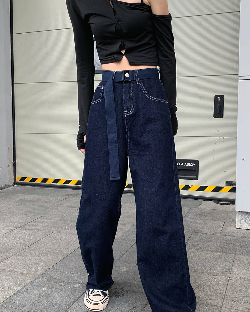 Dark Blue Belt Basic Jeans