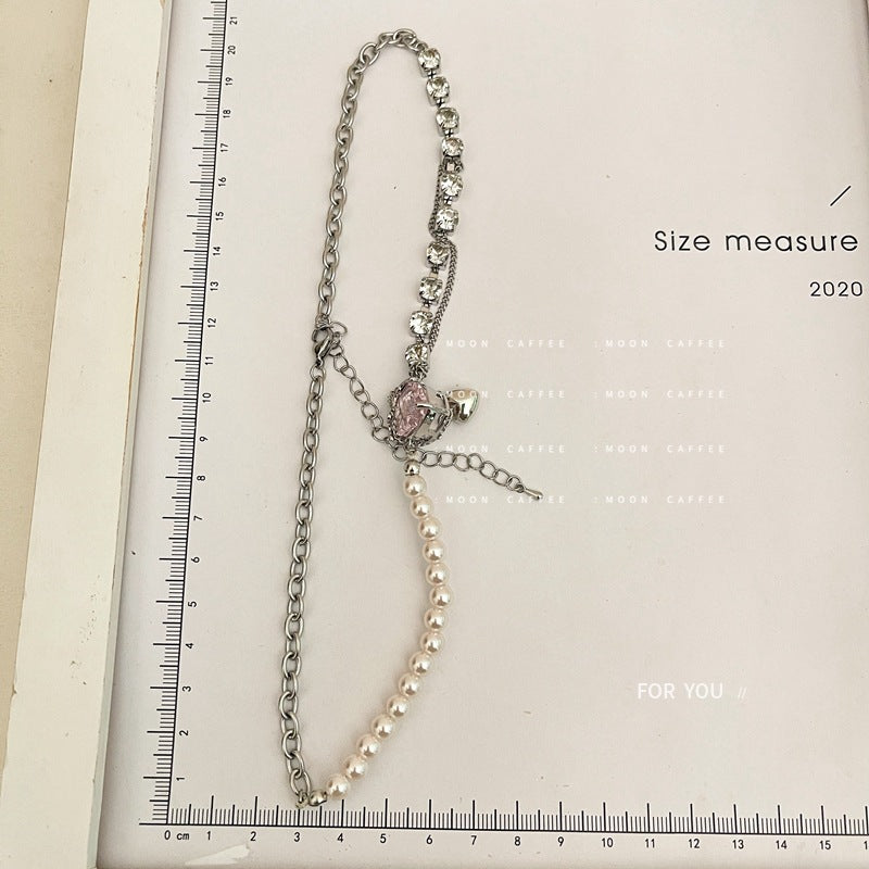Pearl Rhinestone Heart Necklace