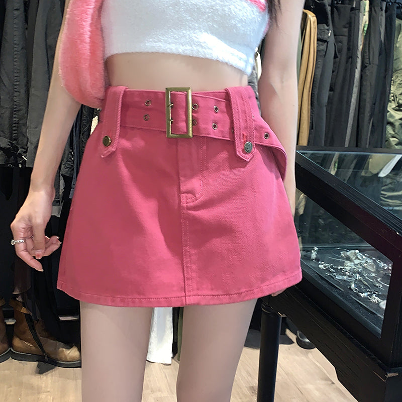 Hight Wais Belt Denim Skirt