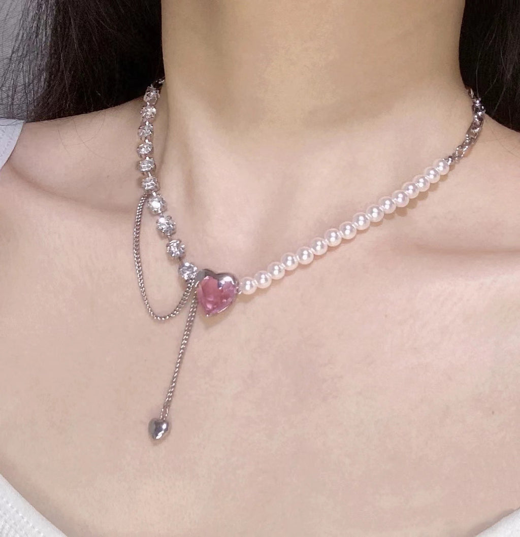 Pearl Rhinestone Heart Necklace