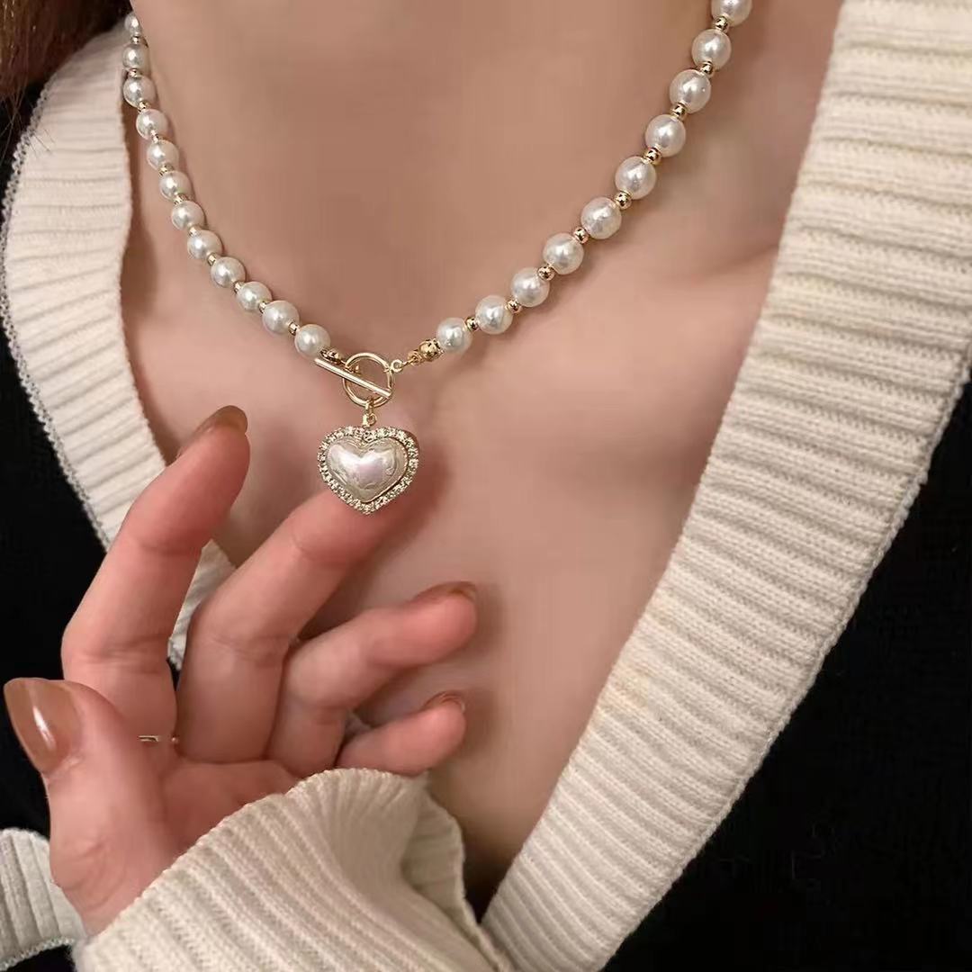 Gold Pearl Heart OT Necklace