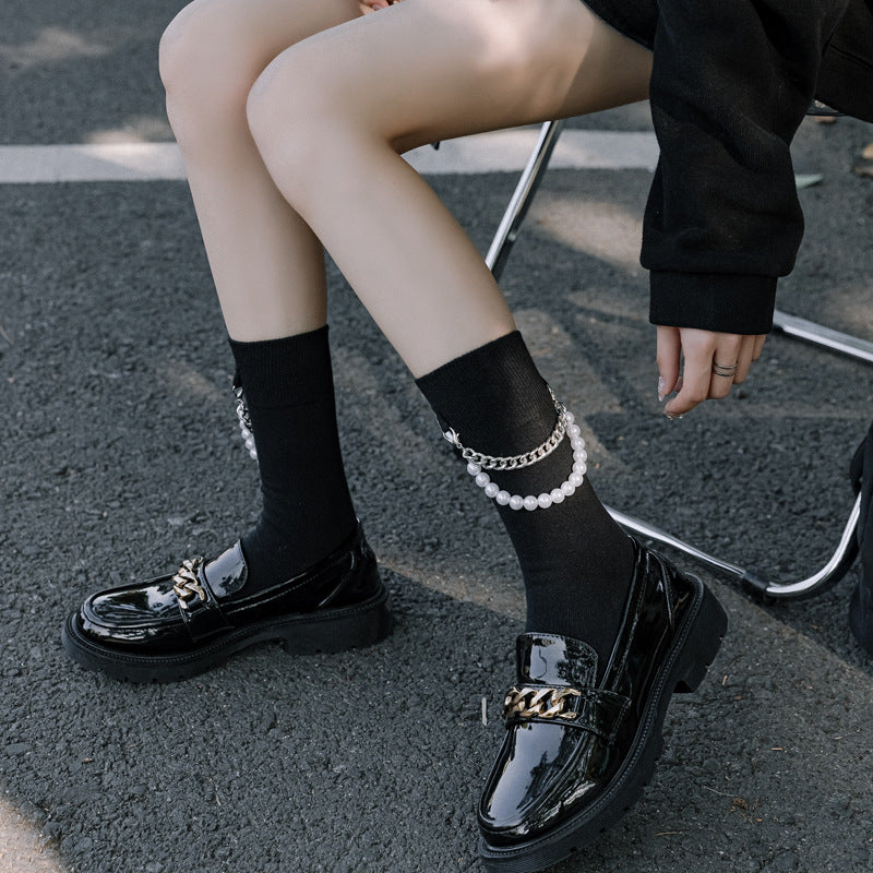 Black Punk Pearl Chain Socks