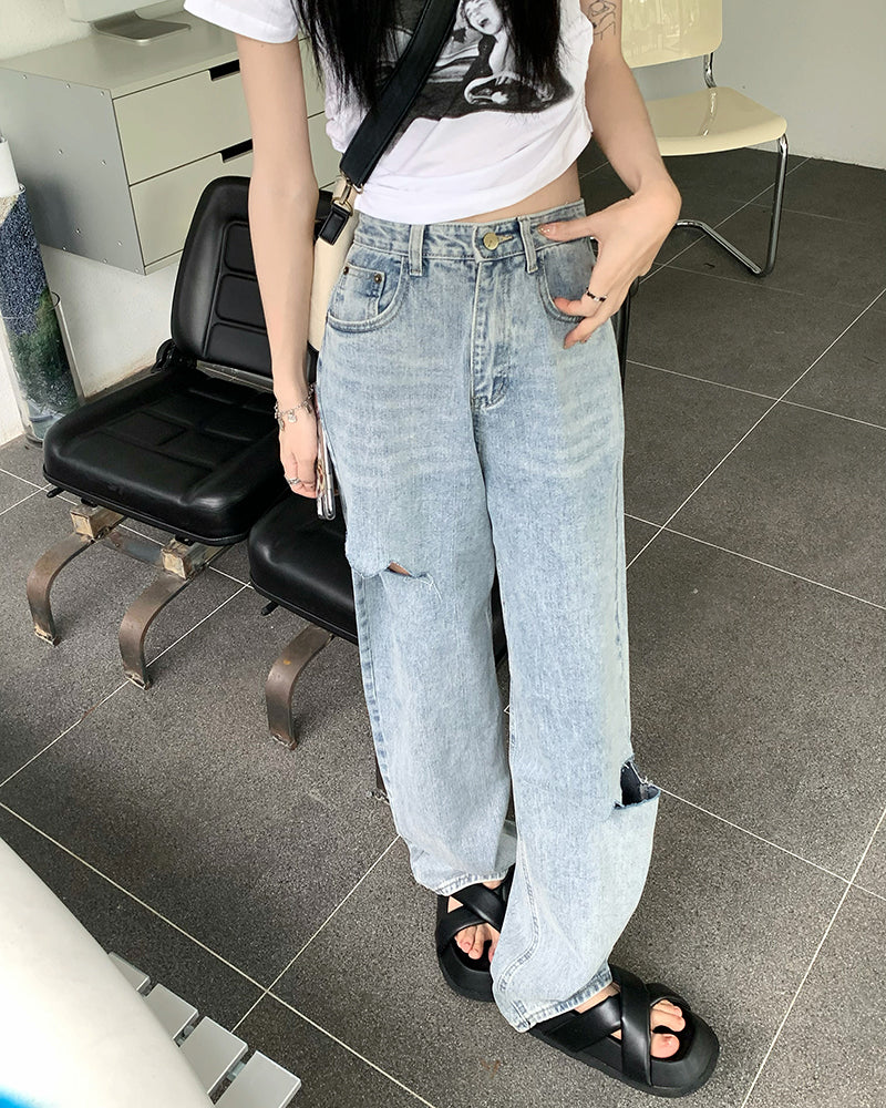 Wide leg ripped jeans