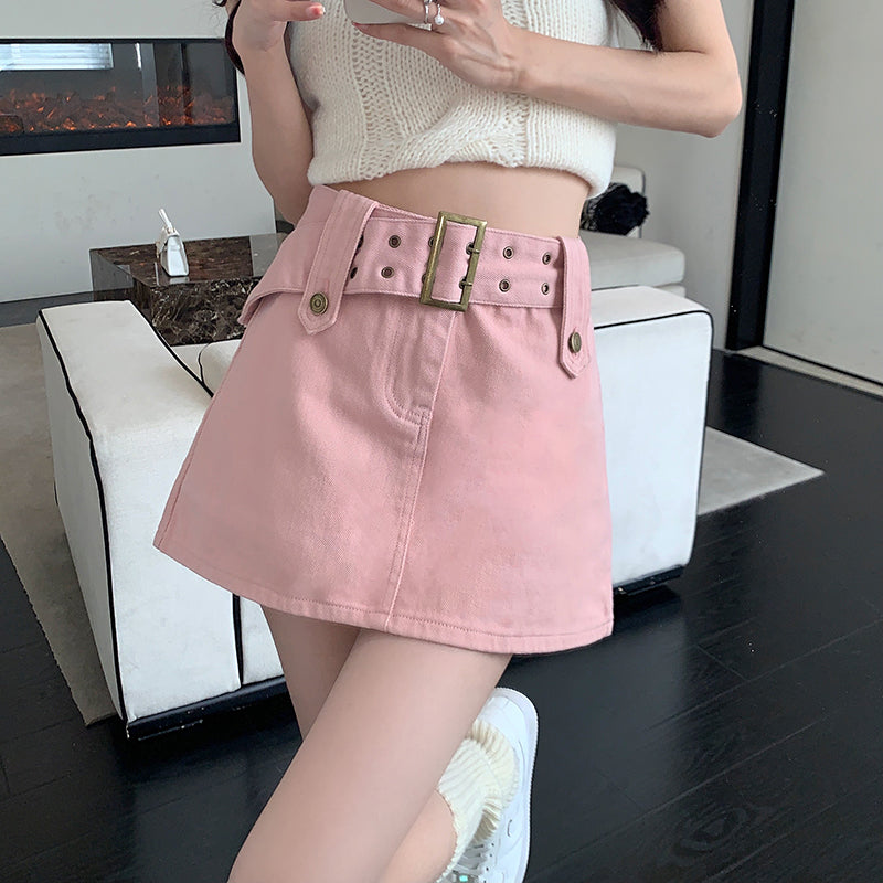Hight Wais Belt Denim Skirt