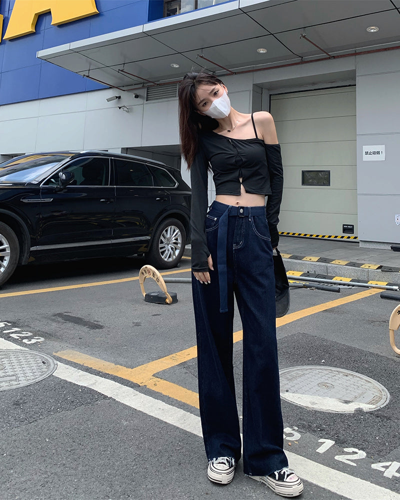 Dark Blue Belt Basic Jeans