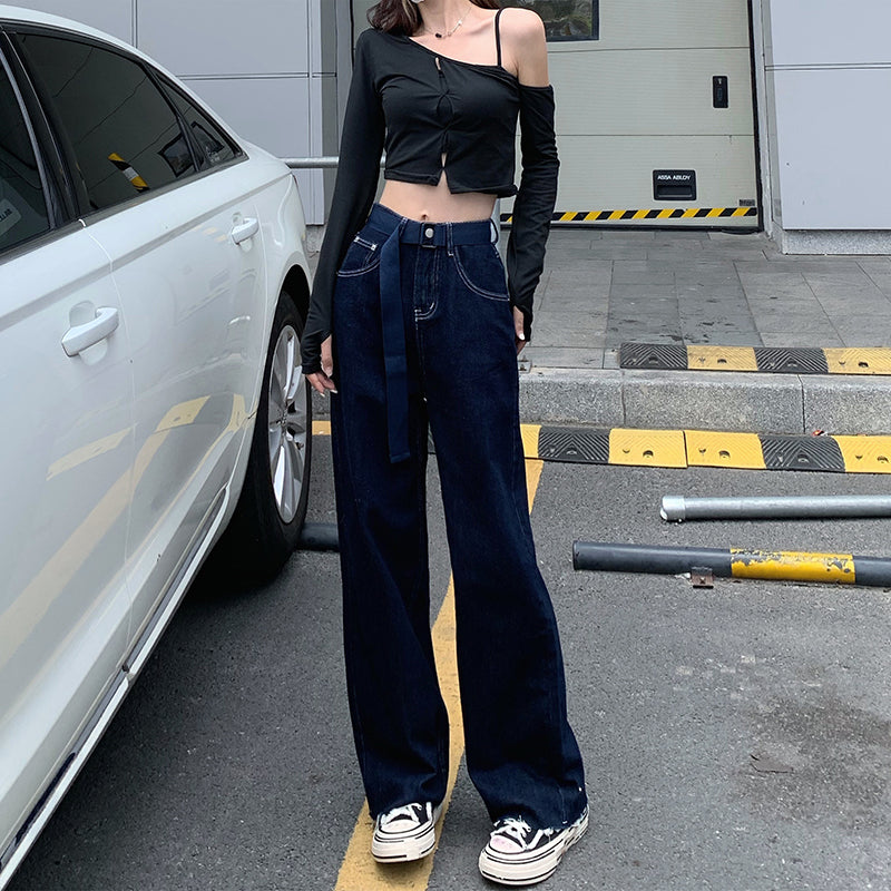 Dark Blue Belt Basic Jeans