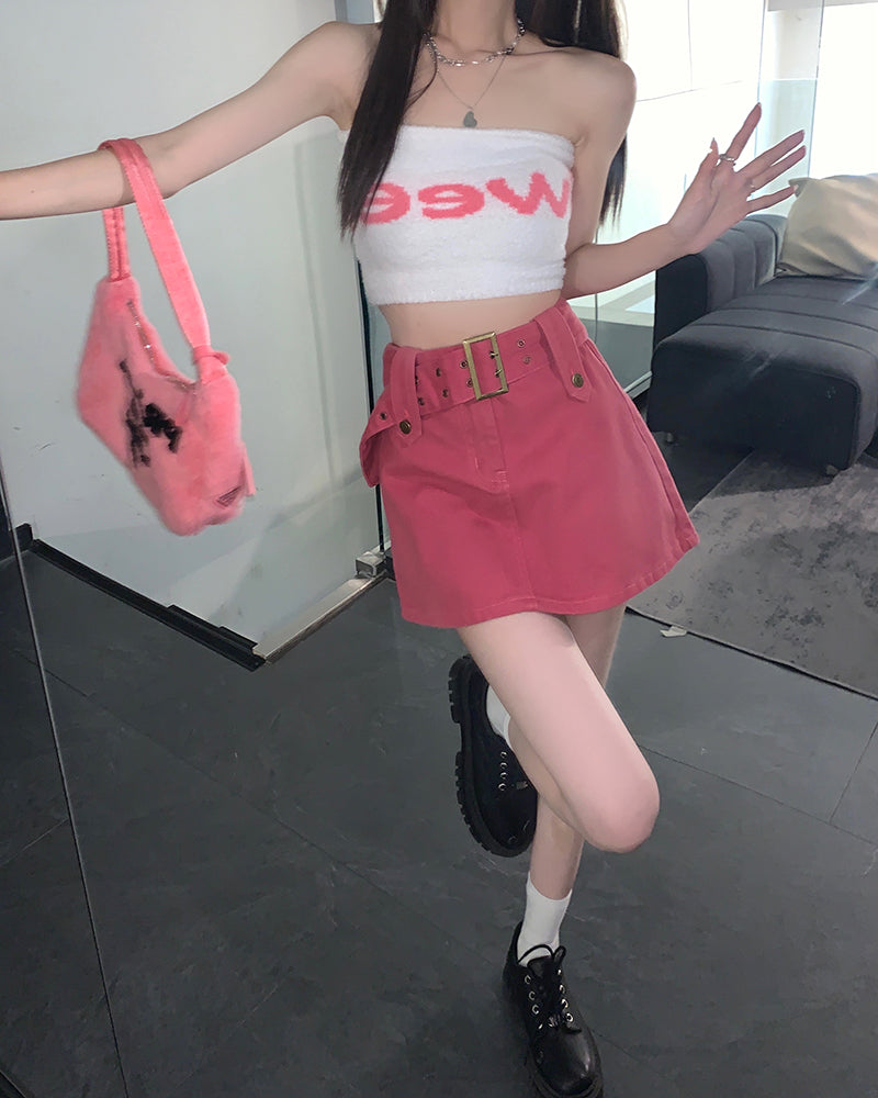 Hight Wais Belt Denim Skirt