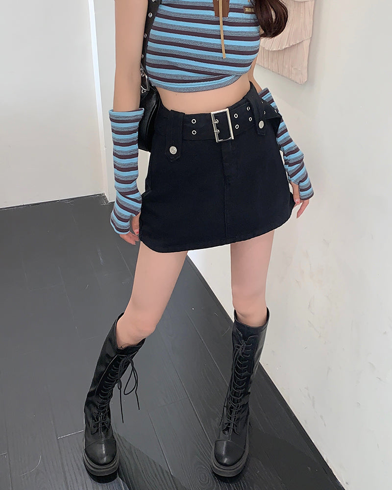 Hight Wais Belt Denim Skirt