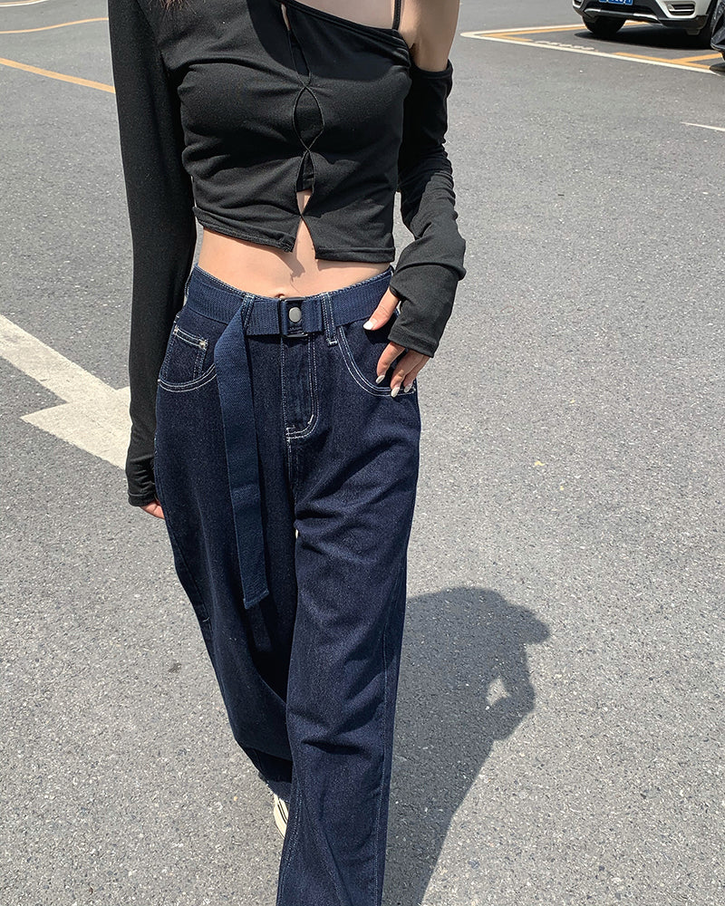 Dark Blue Belt Basic Jeans