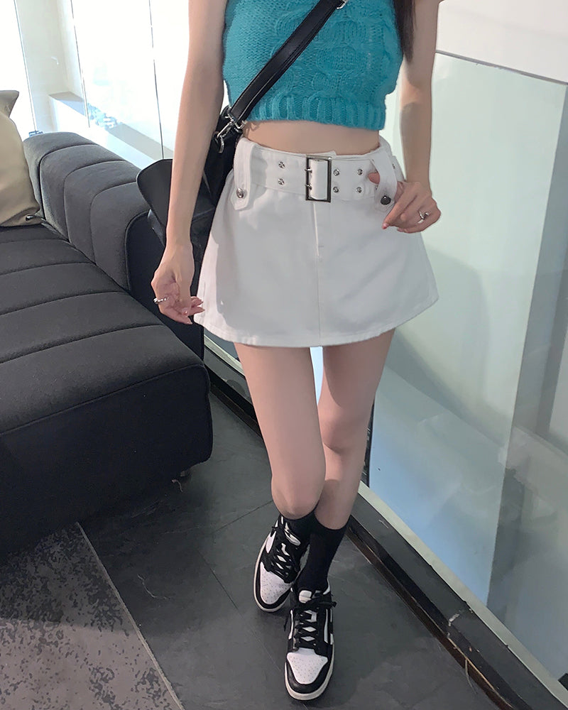 Hight Wais Belt Denim Skirt