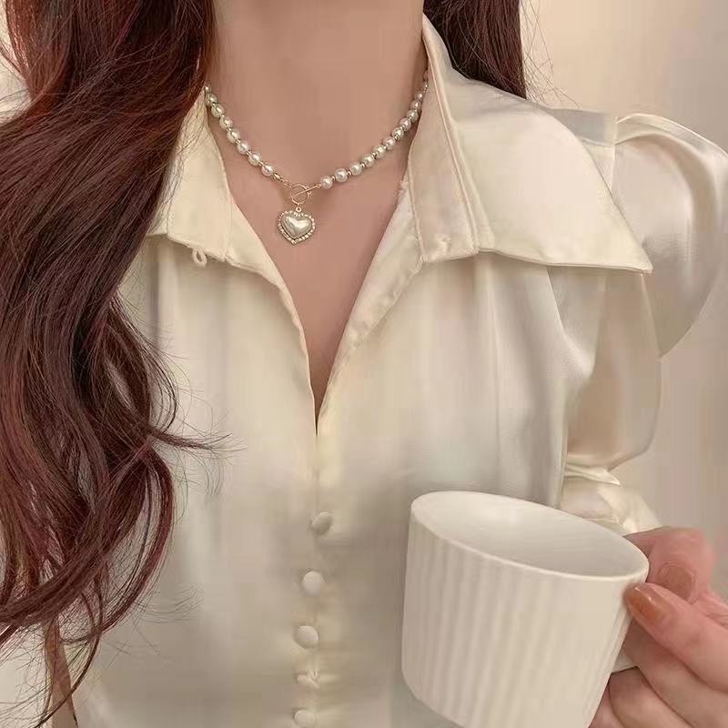 Gold Pearl Heart OT Necklace