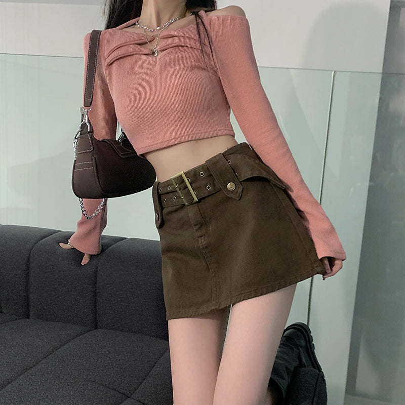 Hight Wais Belt Denim Skirt